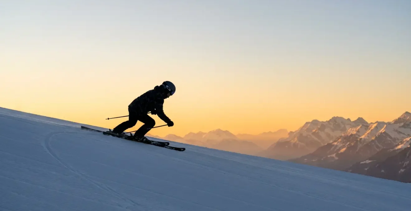 Skieur exécutant un virage parallèle parfait en montagne enneigée