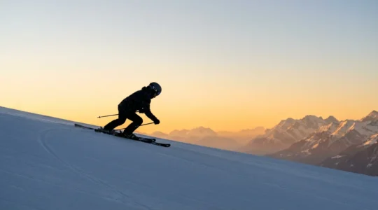 Skieur exécutant un virage parallèle parfait en montagne enneigée
