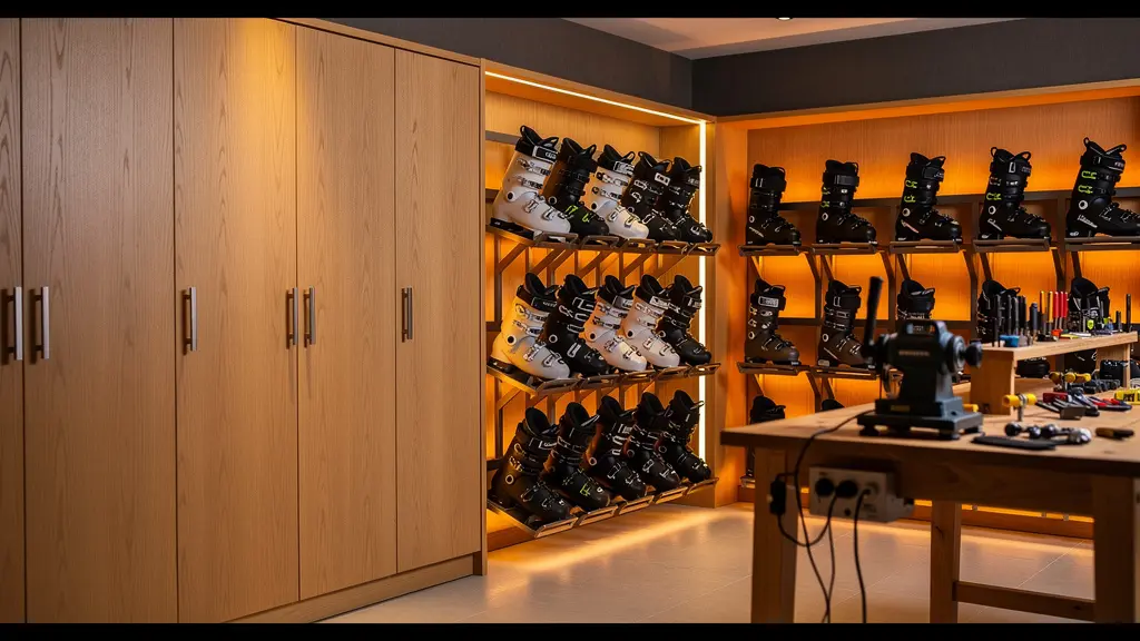 Ski-room moderne d'un palace avec équipements haut de gamme et atmosphère chaleureuse