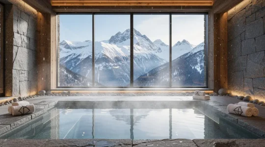 Vue intérieure d'un spa de montagne luxueux avec piscine d'eau thermale fumante et décor en pierre naturelle