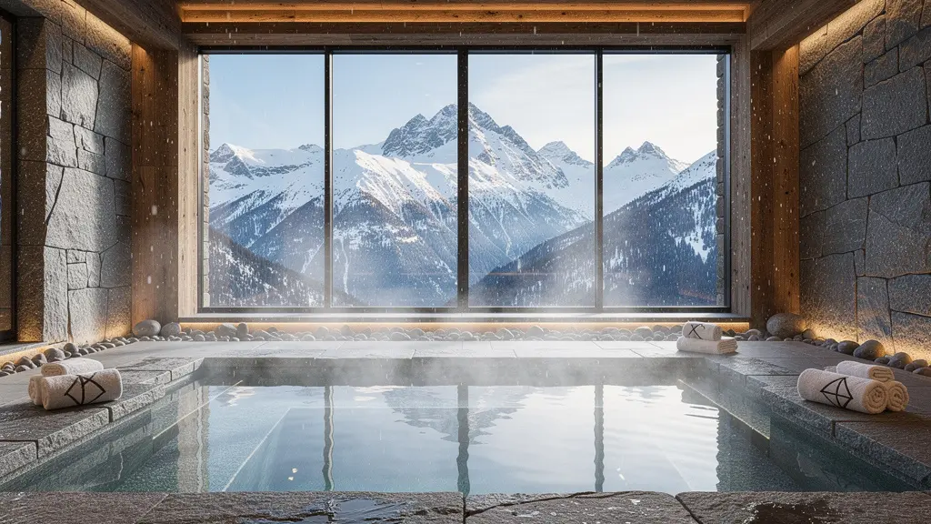 Vue intérieure d'un spa de montagne luxueux avec piscine d'eau thermale fumante et décor en pierre naturelle