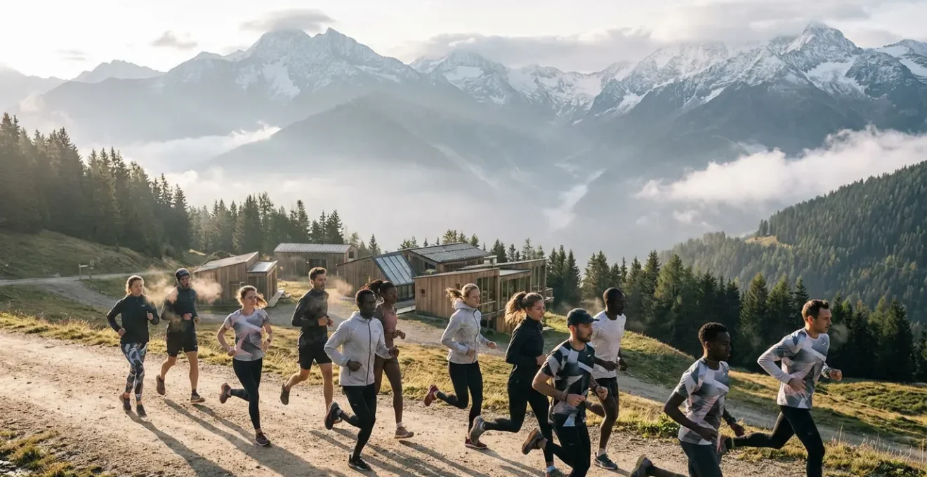 Athlètes s'entraînant en altitude dans un paysage montagnard avec infrastructures sportives