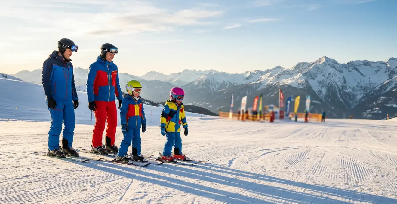 Famille avec enfants sur les pistes débutantes d'une station de ski ensoleillée