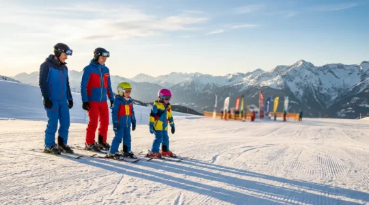 Famille avec enfants sur les pistes débutantes d'une station de ski ensoleillée