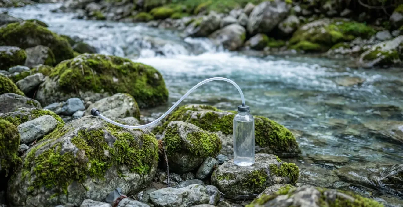 Système de filtration d'eau portable en action près d'une source de montagne cristalline