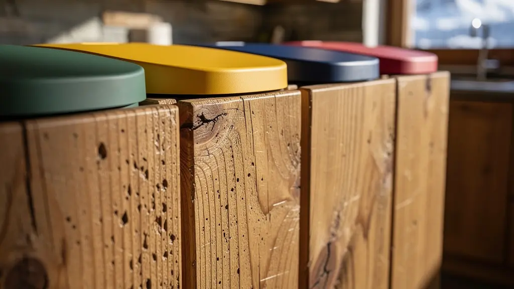 Gros plan sur des bacs de tri colorés en bois avec couvercles fermés dans une cuisine alpine moderne