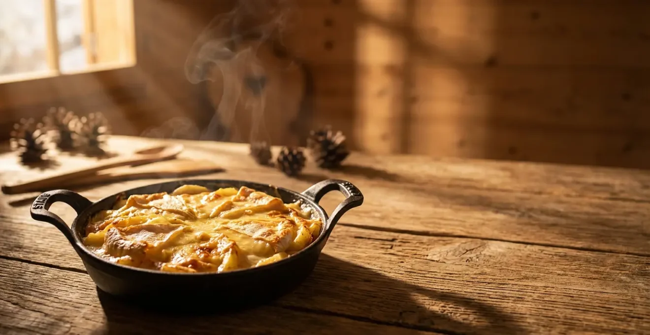 Vue aérienne d'une tartiflette dorée dans un plat en fonte sur une table en bois rustique avec décorations alpines