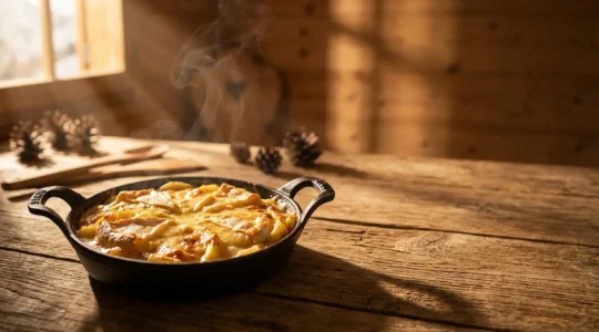 Vue aérienne d'une tartiflette dorée dans un plat en fonte sur une table en bois rustique avec décorations alpines