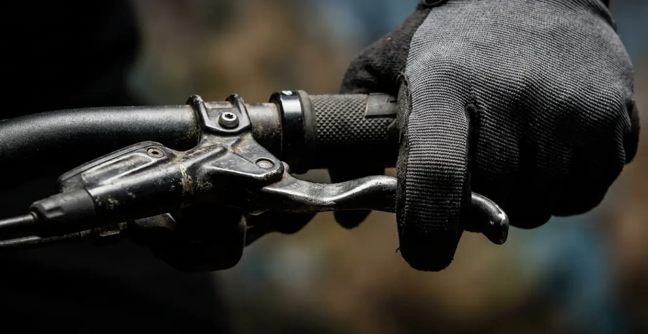Gros plan sur les mains d'un vététiste actionnant simultanément les deux leviers de frein
