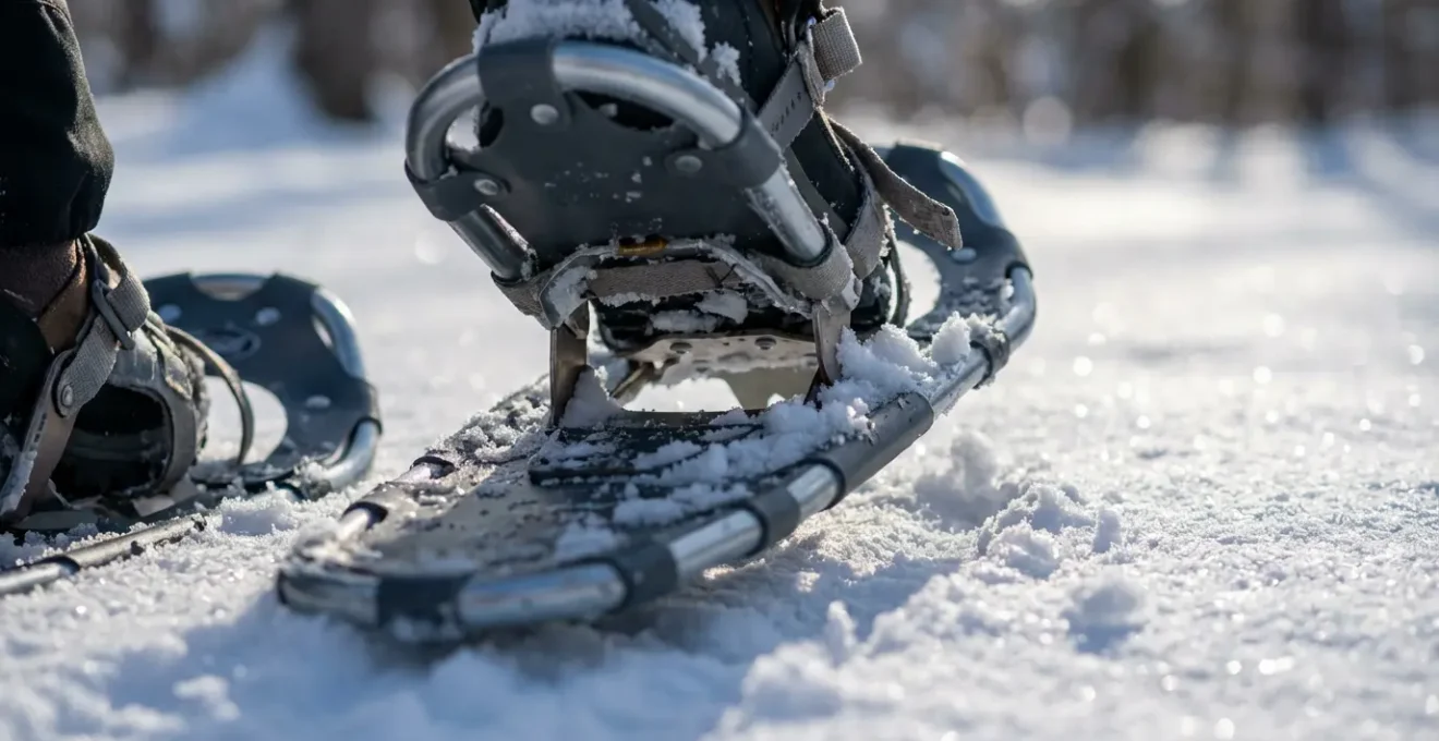 Gros plan macro sur les pieds d'un randonneur en raquettes montrant la technique du rail parallèle