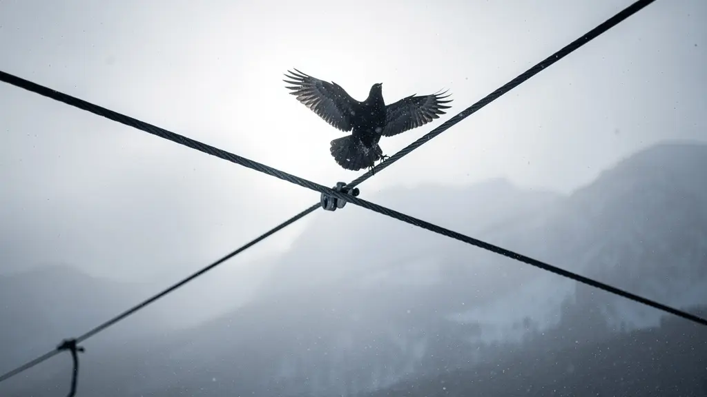 Câbles de remontées mécaniques dans un paysage montagnard avec silhouette d'oiseau en vol