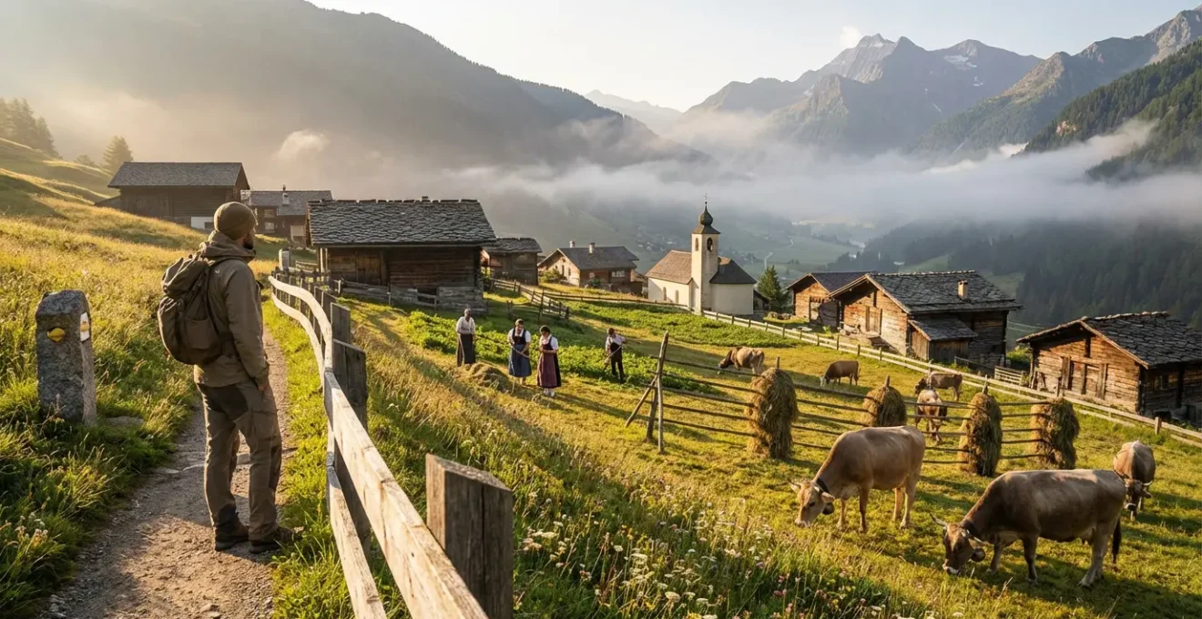 Vue panoramique d'un village alpin avec un randonneur respectueux observant les traditions locales