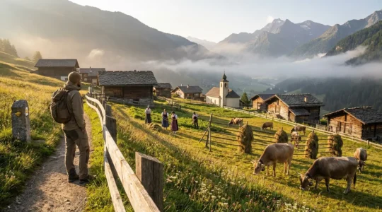 Vue panoramique d'un village alpin avec un randonneur respectueux observant les traditions locales