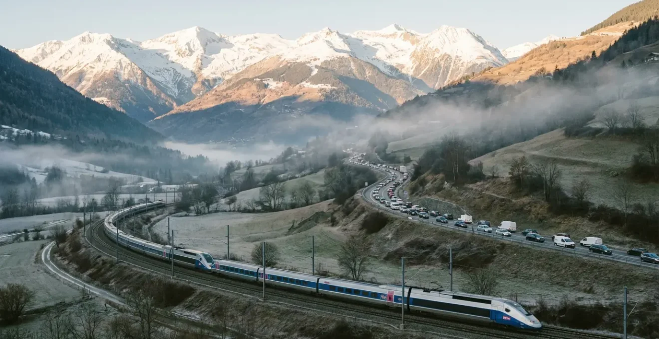 Vue aérienne du trafic et des trains en direction des stations de ski de Tarentaise un samedi matin