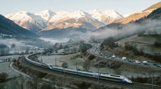 Vue aérienne du trafic et des trains en direction des stations de ski de Tarentaise un samedi matin