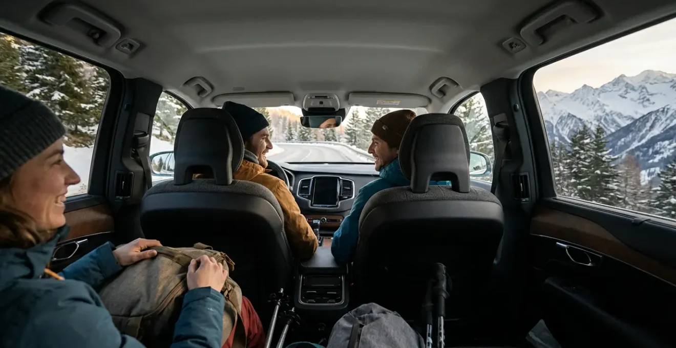 Voyageurs partageant un véhicule en direction des montagnes enneigées de Tarentaise
