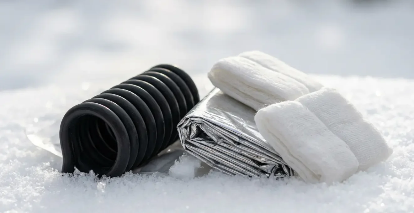 Détail macro d'une trousse de secours ouverte sur la neige