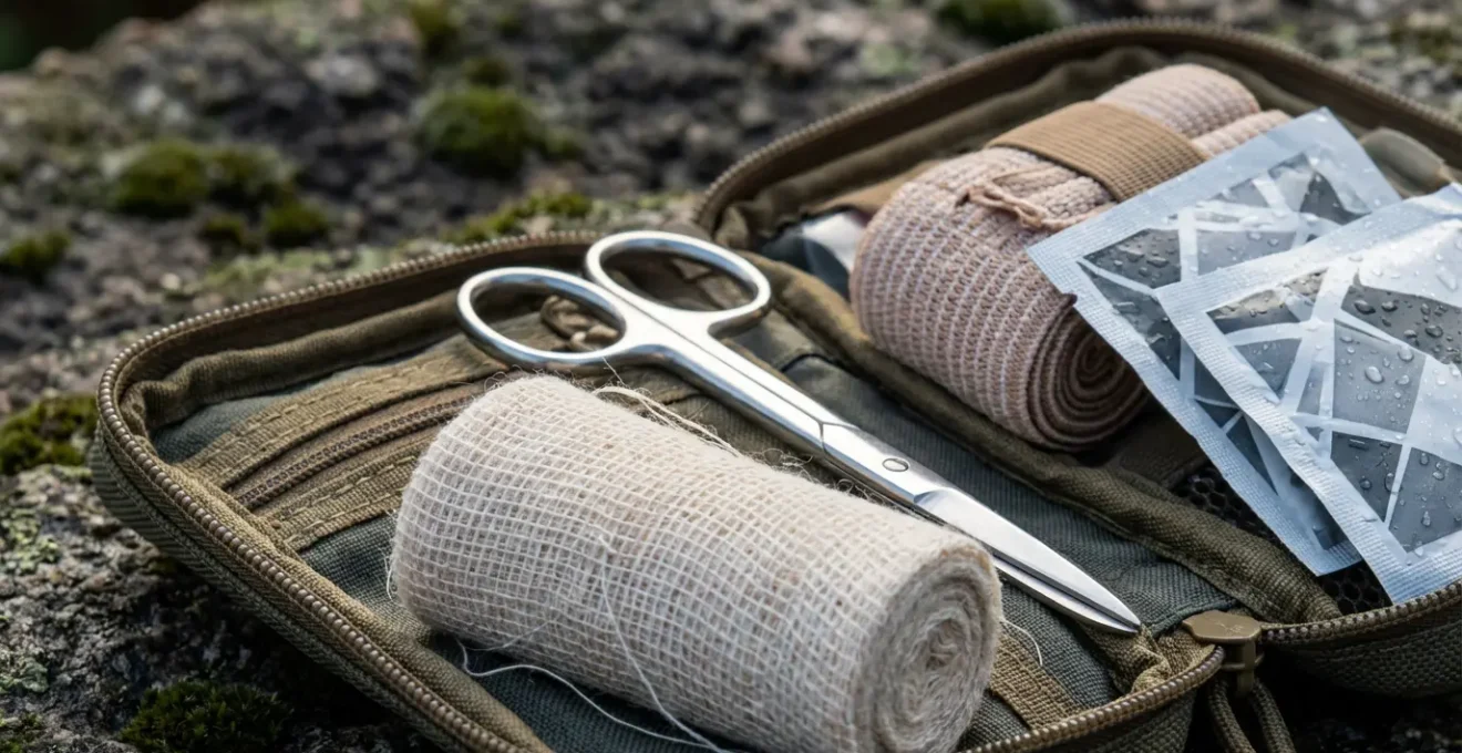 Vue macro détaillée d'une trousse de secours modulaire ouverte avec matériel médical organisé