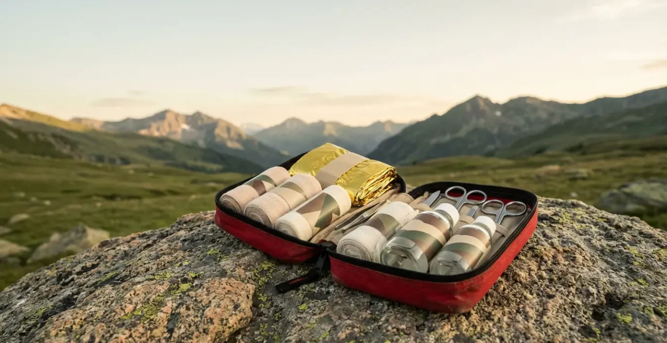 Trousse de secours outdoor ouverte avec matériel médical sur un rocher en montagne