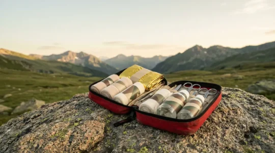 Trousse de secours outdoor ouverte avec matériel médical sur un rocher en montagne