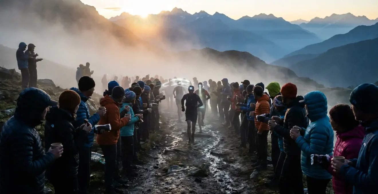 Coureurs de l'UTMB passant au col des Montets encouragés par des spectateurs dans la brume matinale