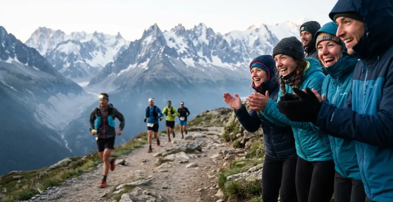 Spectateurs observant les coureurs élites de l'UTMB dans les Alpes