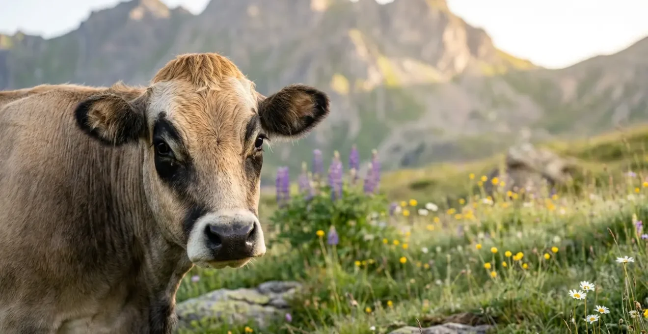 Portrait d'une vache Tarine avec ses lunettes noires naturelles dans un alpage fleuri