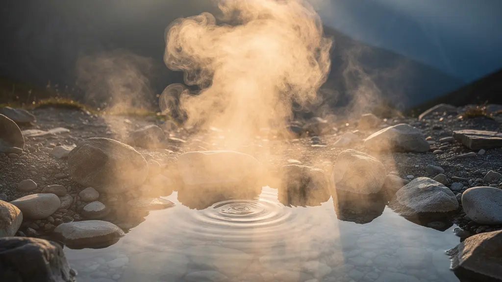 Vapeurs d'eau thermale s'élevant d'un bassin naturel en montagne au lever du soleil