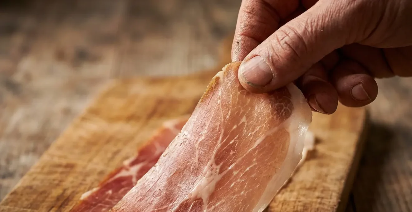 Gros plan sur les mains d'un consommateur examinant une étiquette de jambon dans une charcuterie traditionnelle