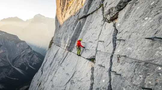 Grimpeur progressant sur une via ferrata en montagne, avec équipement de sécurité visible