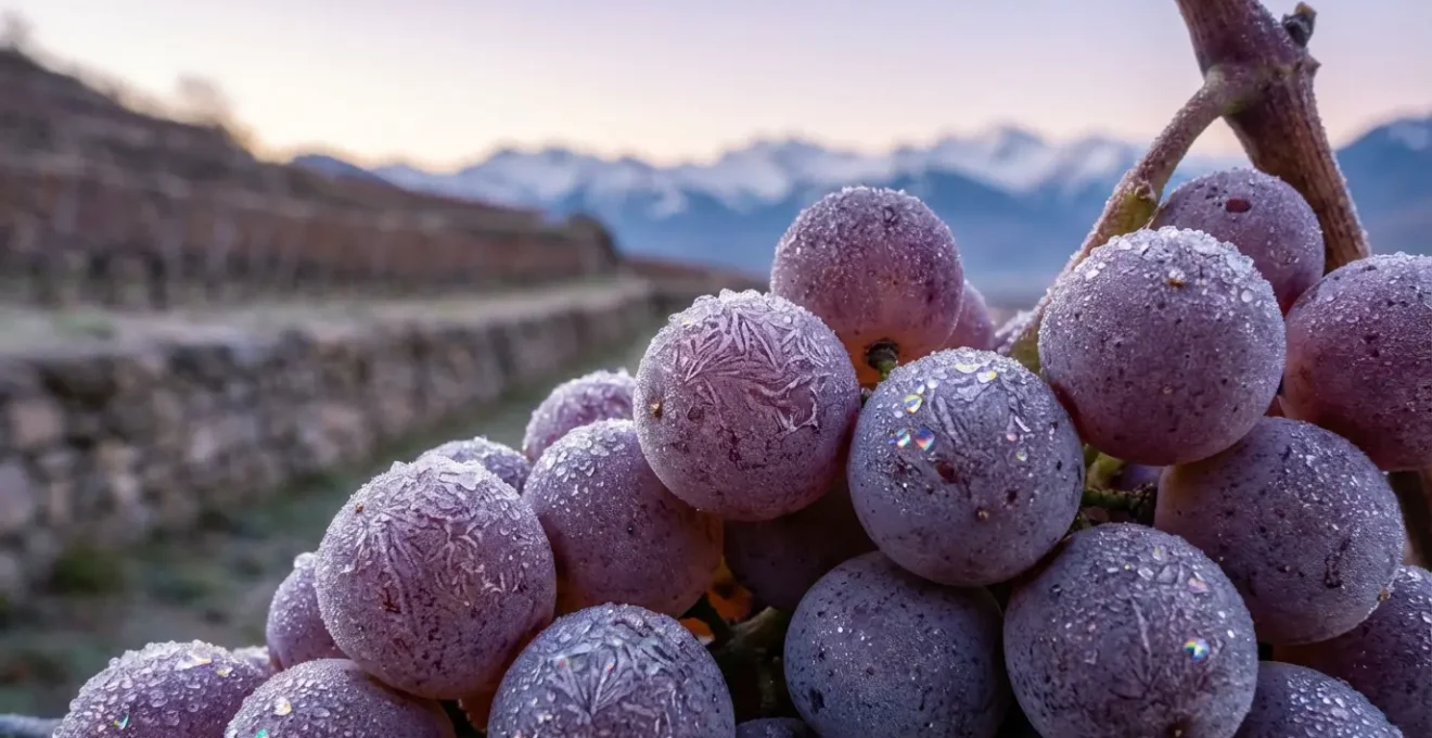 Vignobles en terrasses de montagne savoyarde avec brume matinale