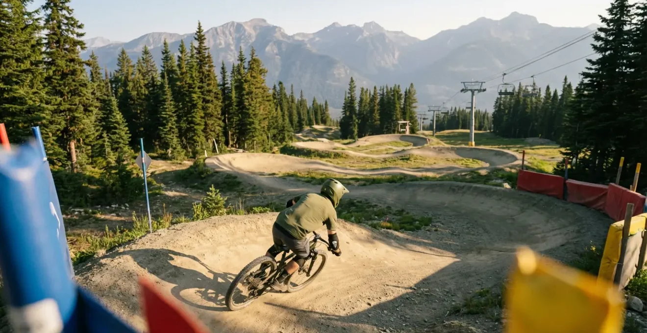 Cycliste débutant en position de sécurité lors d'une descente en VTT sur une piste verte de bike park en montagne