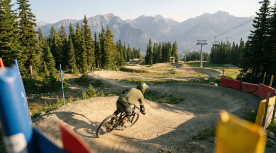 Cycliste débutant en position de sécurité lors d'une descente en VTT sur une piste verte de bike park en montagne