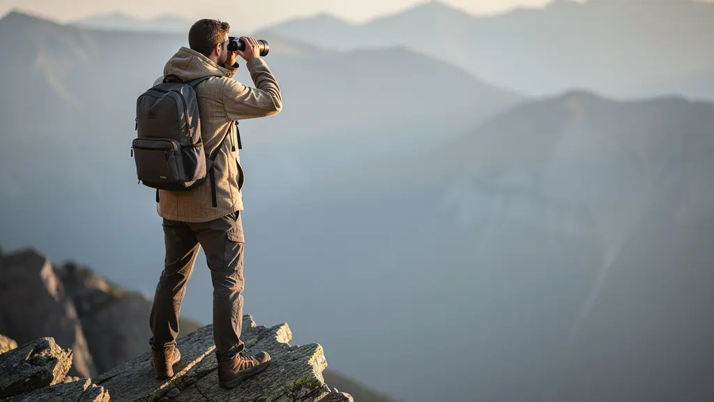 Personne observant la faune de montagne avec des jumelles depuis une distance respectueuse Personne observant la faune de montagne avec des jumelles depuis une distance respectueuse